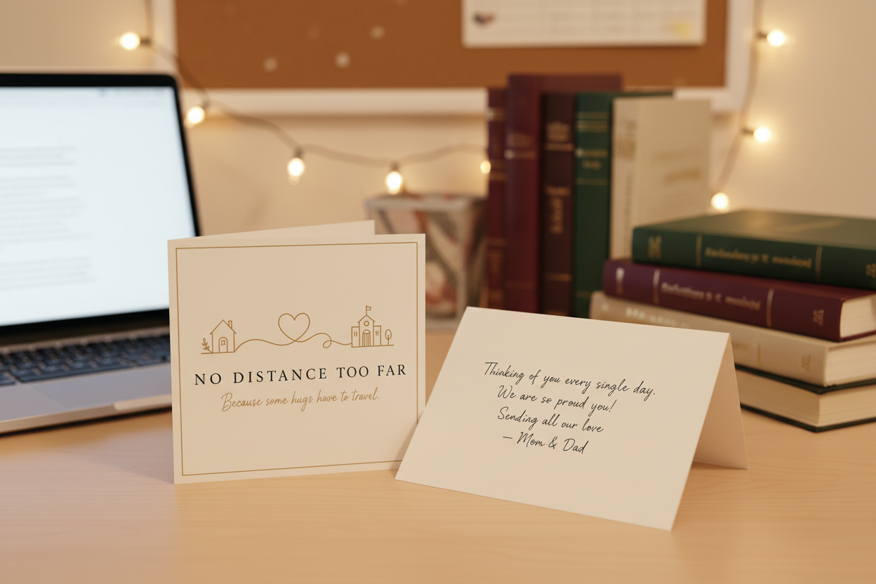 Branded note card front and handwritten inside displayed on a dorm room desk