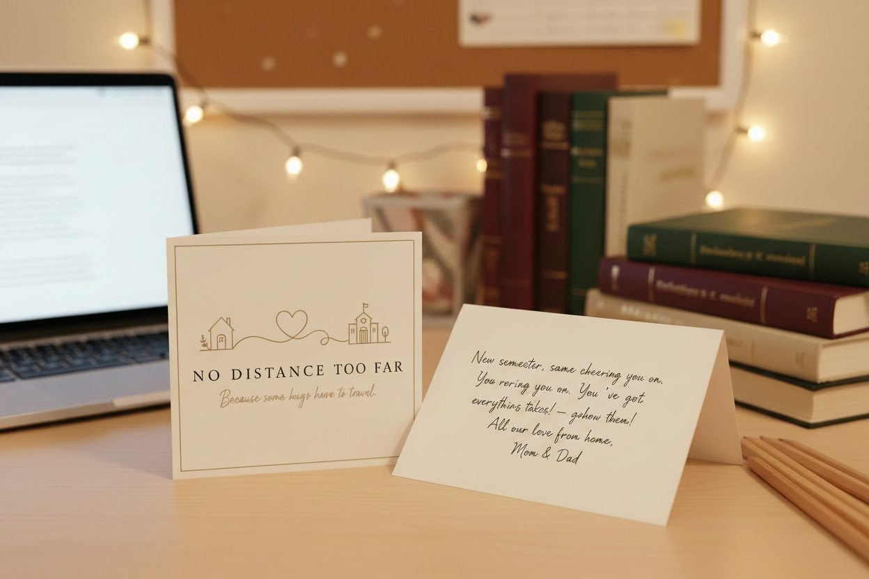 Branded note card front and new semester handwritten note on a clean desk