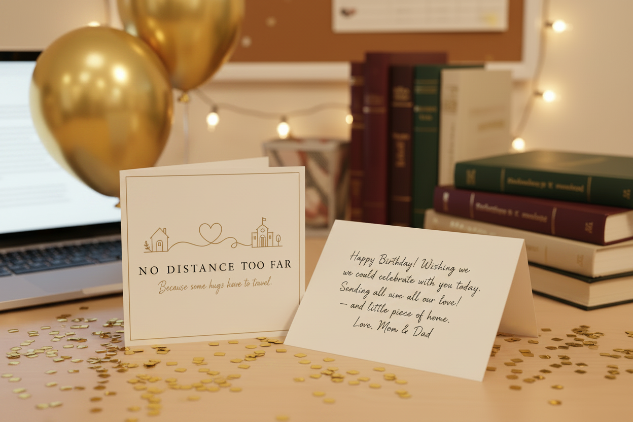 Branded note card front and birthday handwritten note on a festive surface