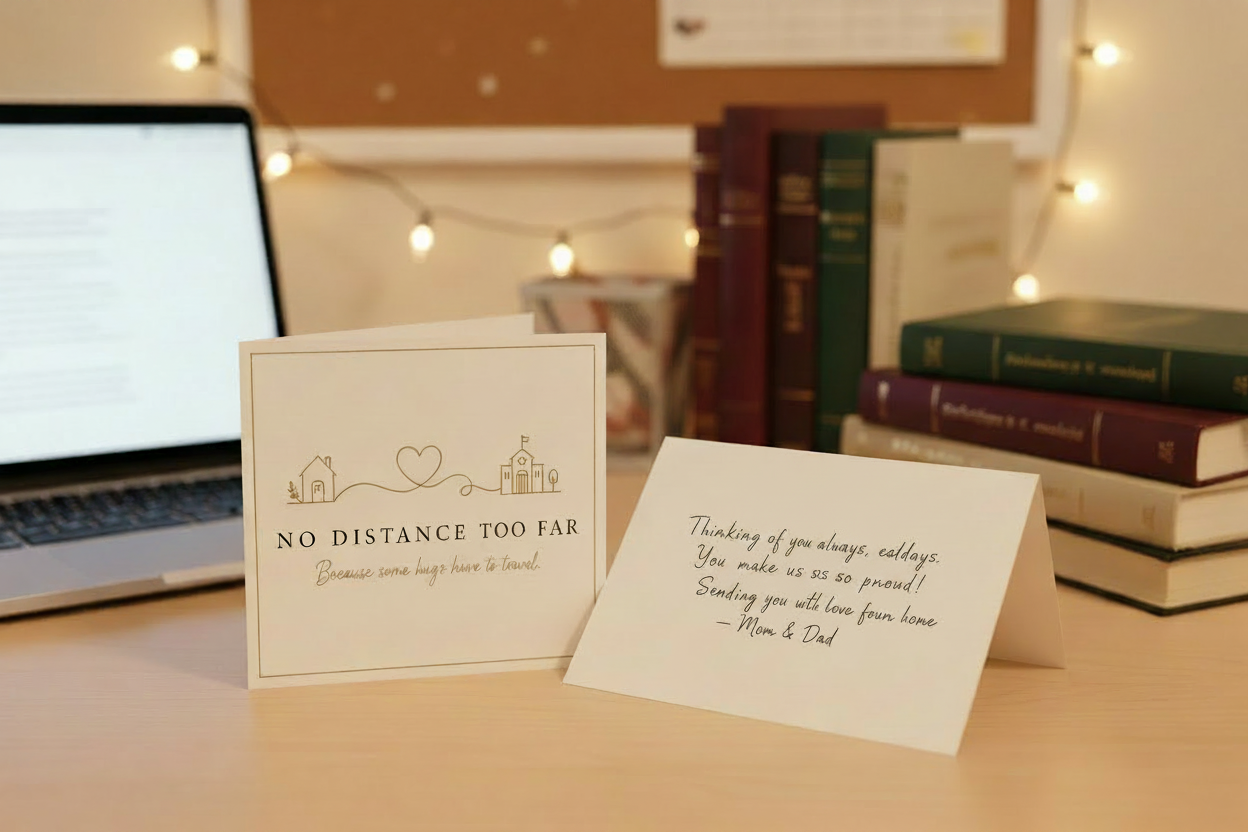 No Distance Too Far Finals Fuel note card with handwritten message on wooden desk