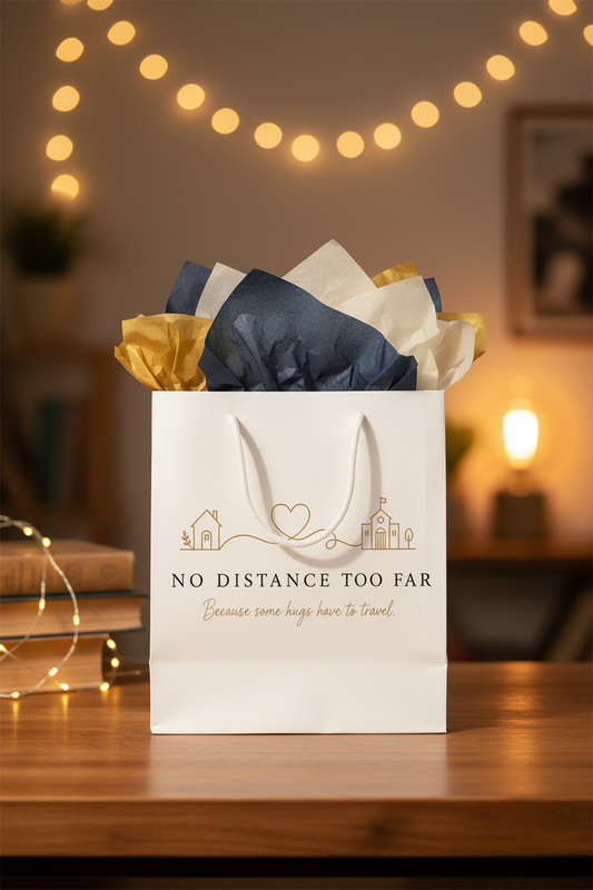 No Distance Too Far branded gift bag with navy, gold and white tissue paper for Finals Fuel