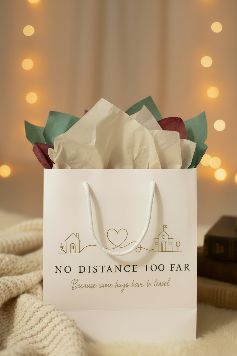 No Distance Too Far Homesick Hug gift bag close up with cozy props