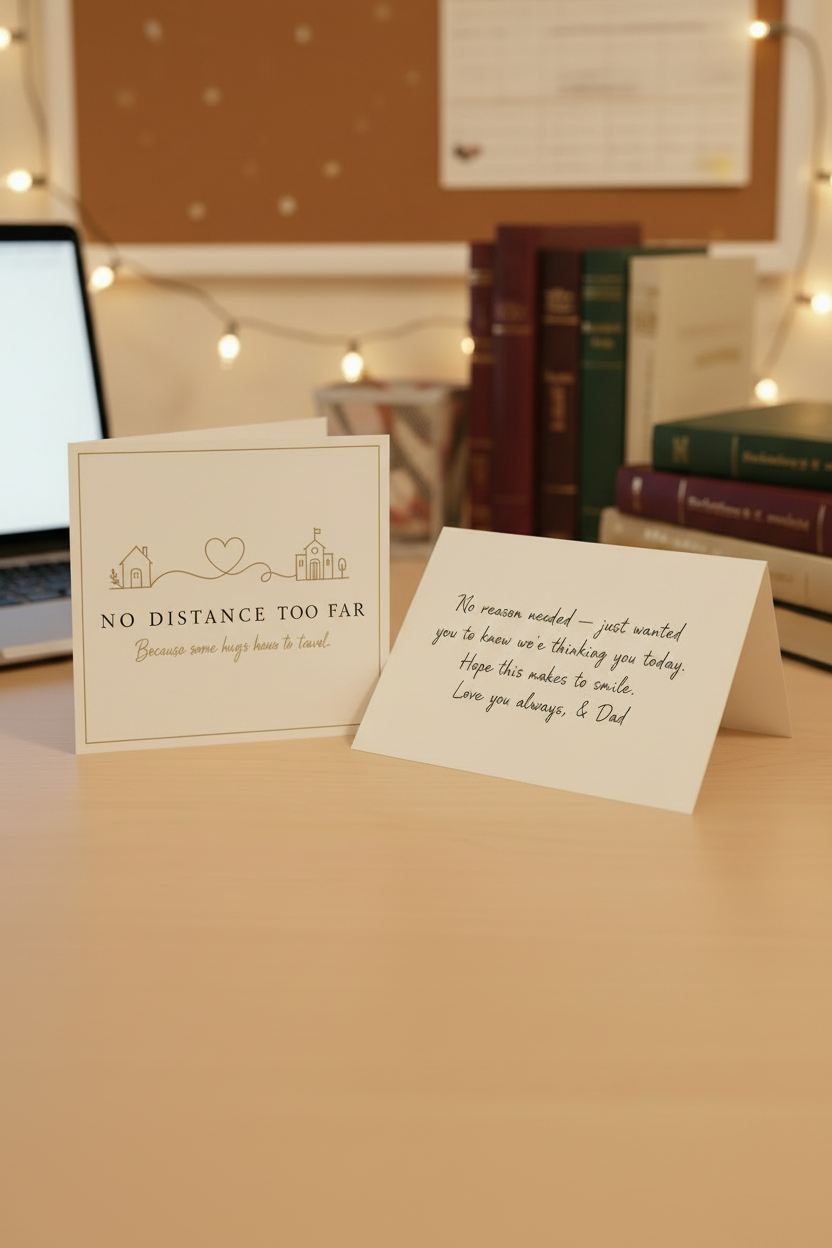 No Distance Too Far branded note card front and open with handwritten just because message