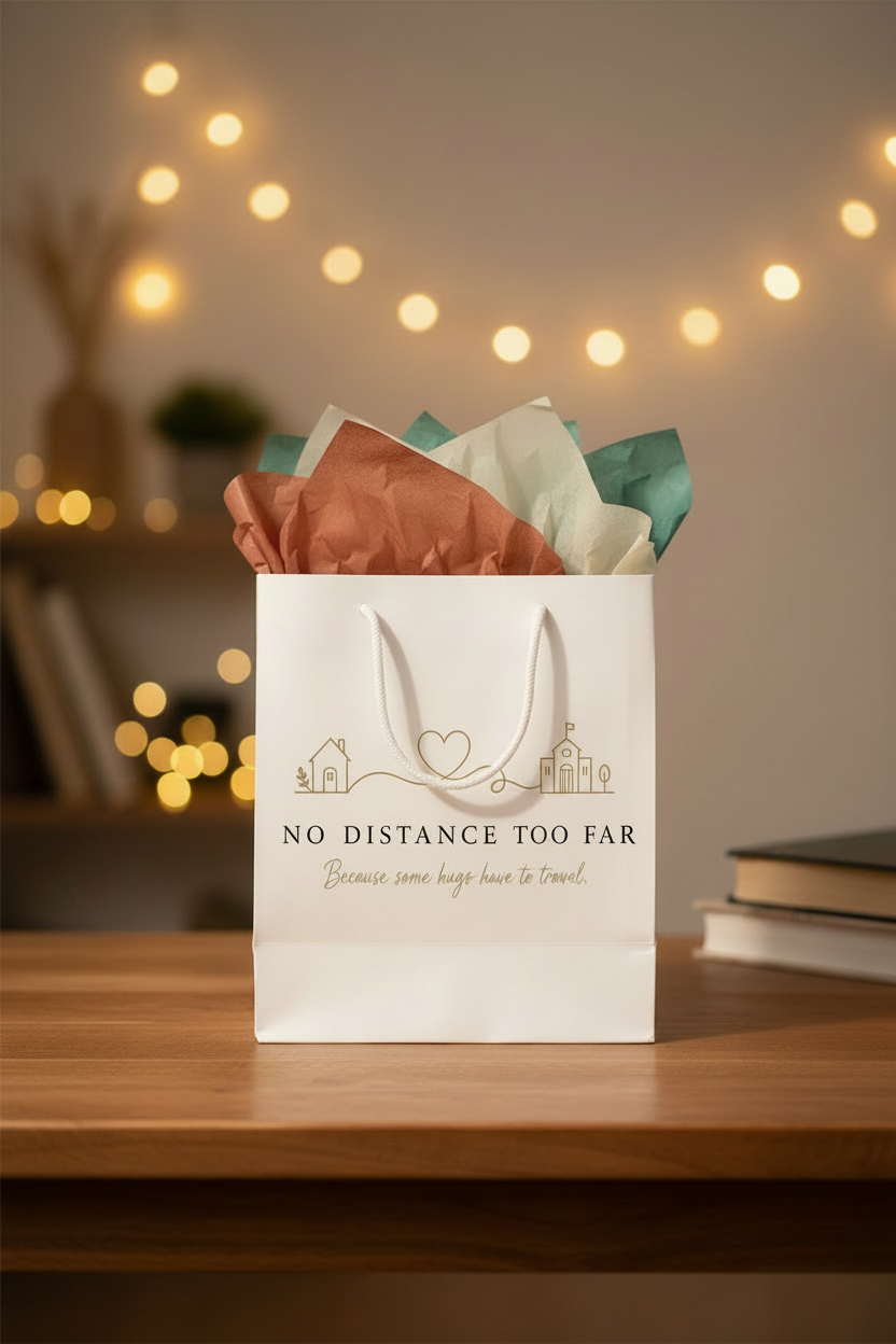 No Distance Too Far Just Because gift bag zoomed in with terracotta, cream and sage green tissue paper
