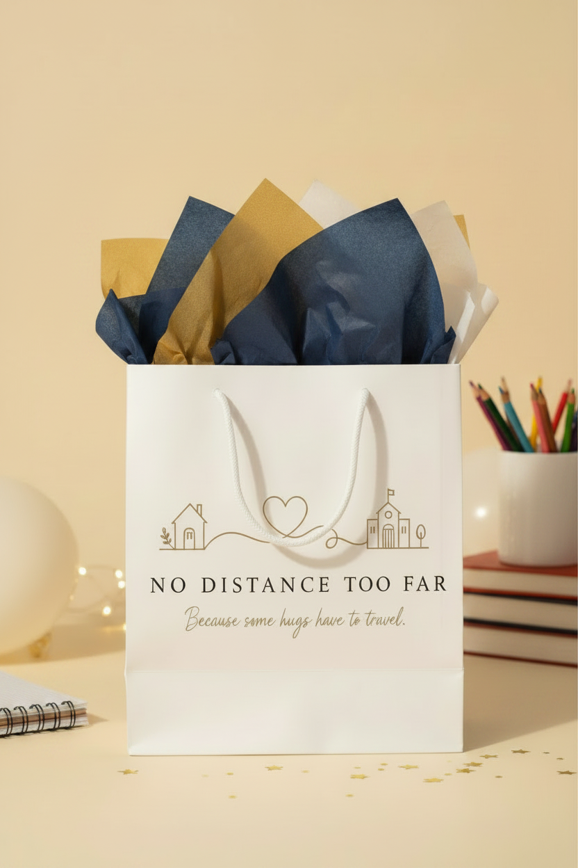 No Distance Too Far New Semester Starter gift bag with plain navy gold and white tissue paper