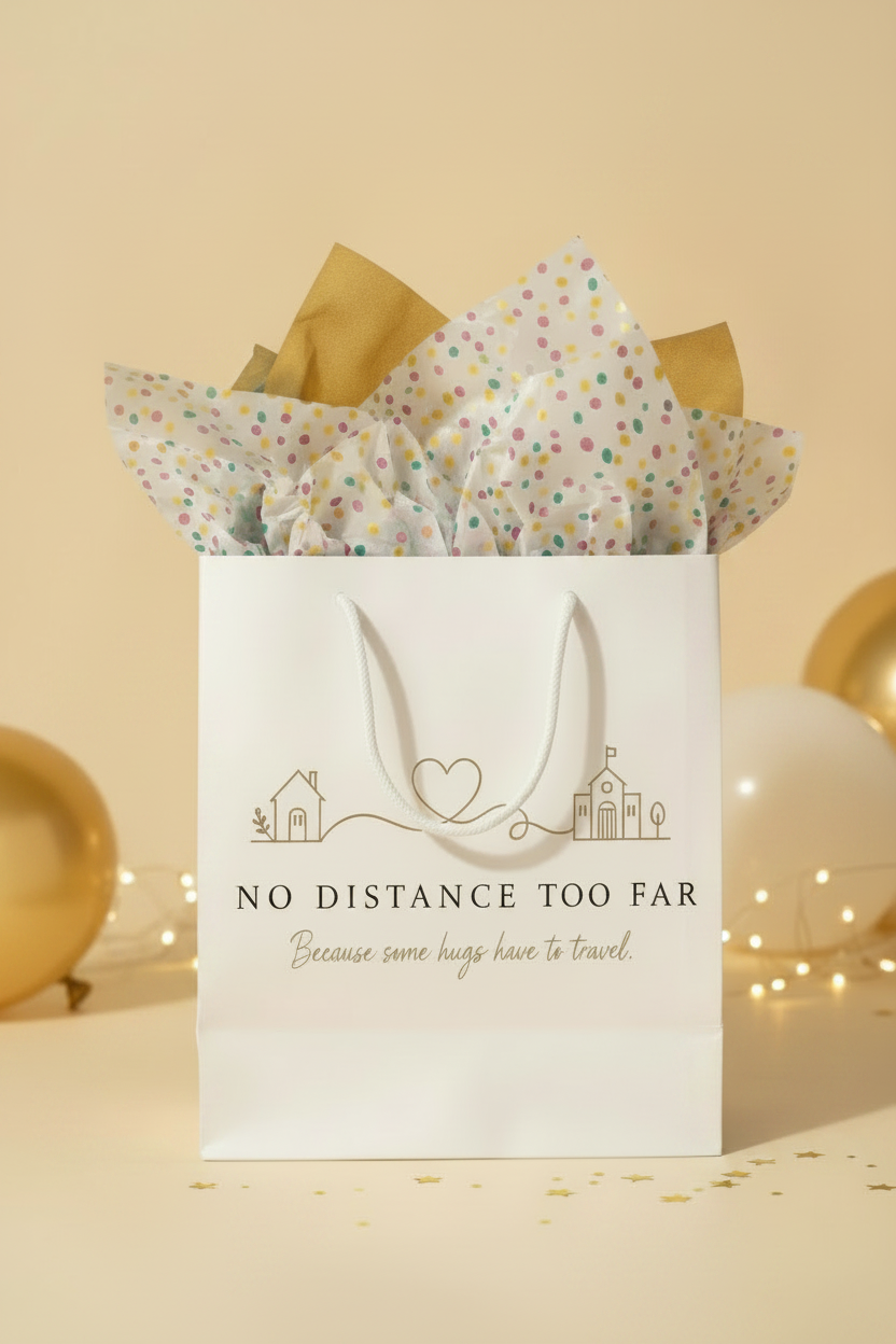 No Distance Too Far Birthday Surprise gift bag zoomed in with balloons and confetti