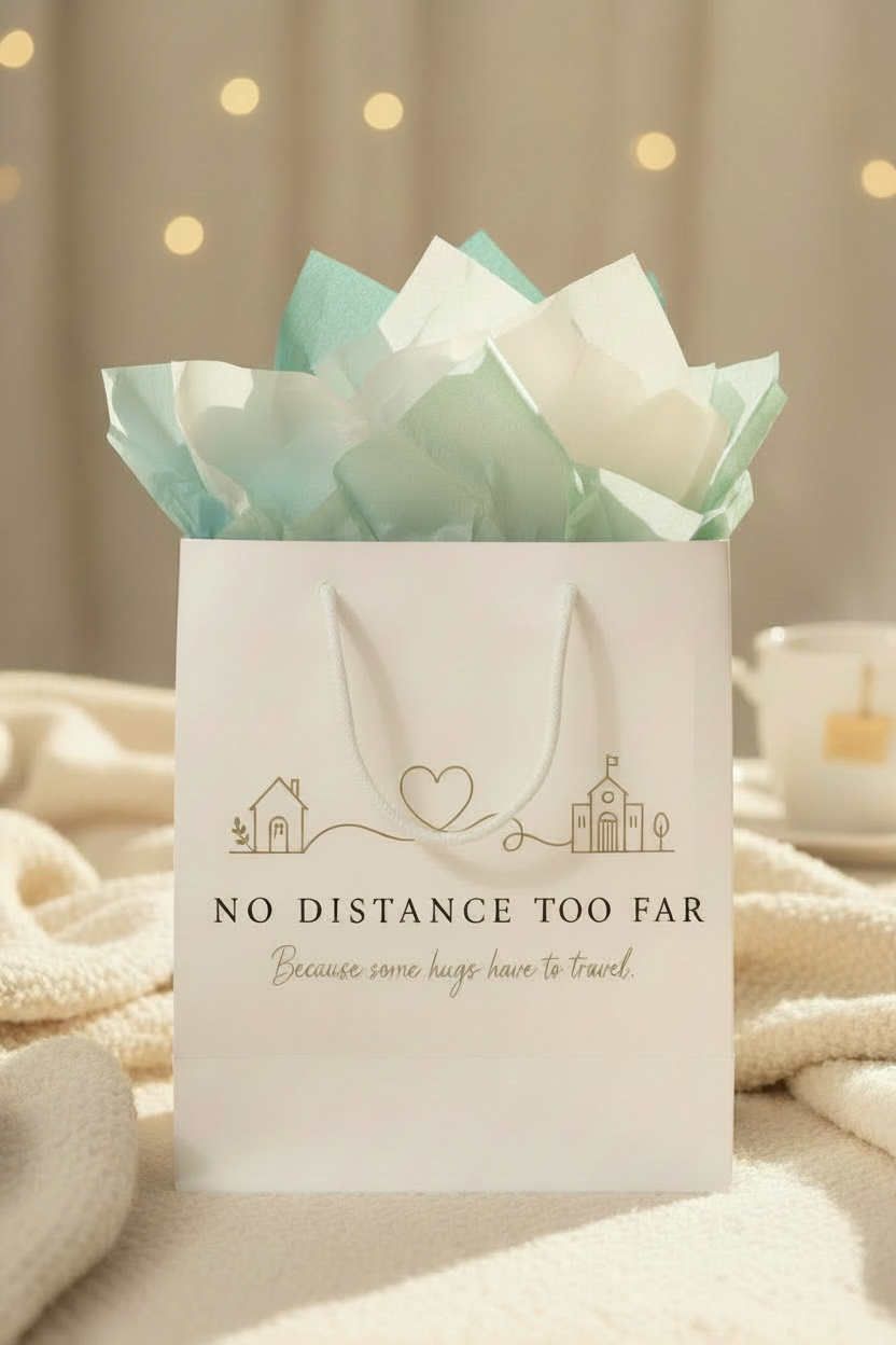 No Distance Too Far gift bag with mint and white tissue paper for Feel Better Soon care package