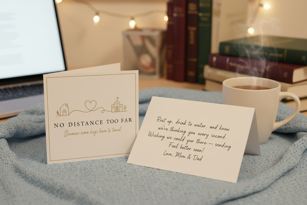 Branded note card front and feel better handwritten note on a cozy surface